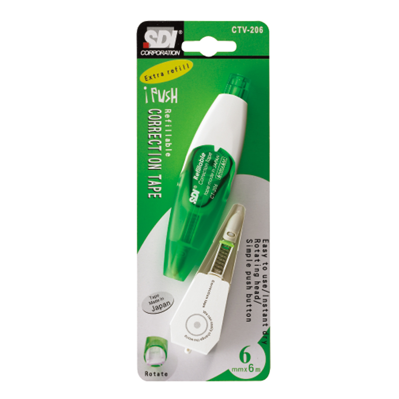  SDI i-PUSH Retractable Mechanism Correction Tape White Out Pen  5mm x 6m(CT-205) & 2 Refills : Office Products